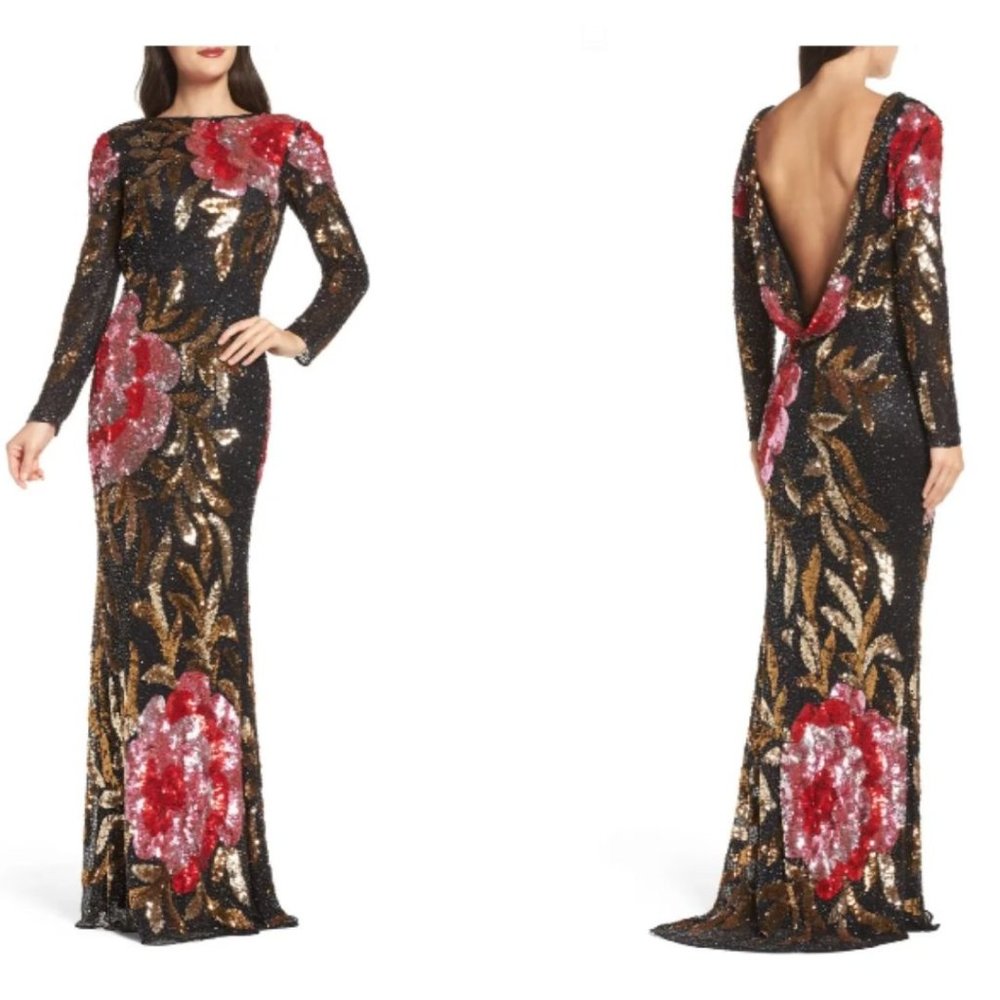 MAC DUGGAL Floral Sequin Long-sleeve Column Gown In Black/ Red Multi